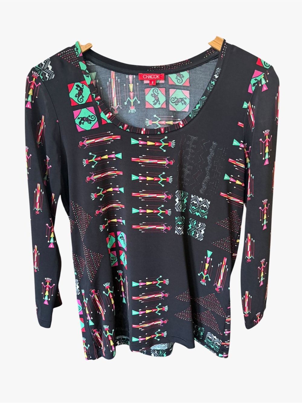 Chacon Women’s Black Geometric & Teal Print Long Sleeve Top